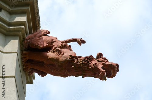Museum-estate of 19th century Kozell-Poklevsky (Gatovsky) in village of Krasny Bereg, Gomel region, Belarus. Gargoyle on wall of building