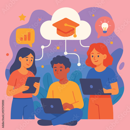 Flat vector showing students sitting with tablets and laptops, connected by bright lines and cloud icons, modern geometric background