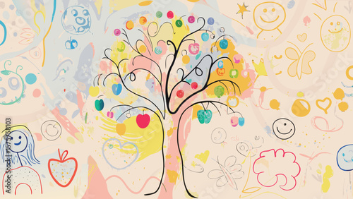A whimsical drawing featuring a tree with colorful fruits surrounded by playful doodles and sketches