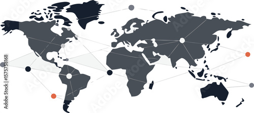 Vector art of a stylized world map illustrates global connections and networks with dotted lines and colored nodes.