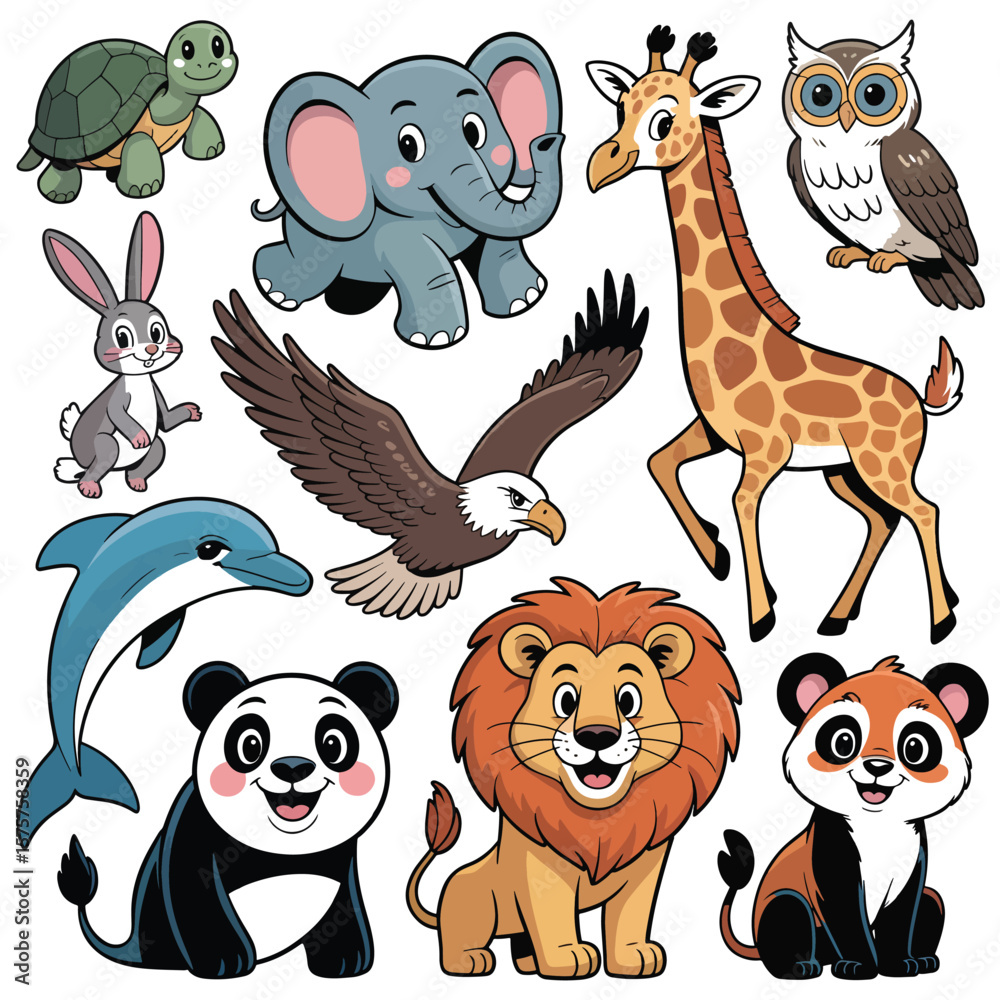 Naklejka premium Collection of cute cartoon animals including a dolphin elephant lion giraffe panda eagle owl and turtle vector transparent png .eps
