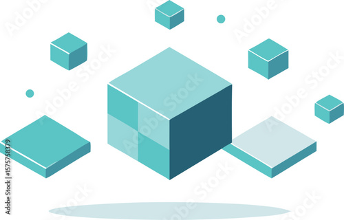 Vector art of abstract isometric cubes and geometric shapes floating in a light blue digital space.