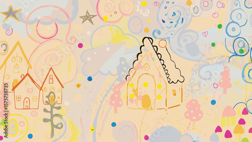 Whimsical drawing of houses and clouds with stars and colorful dots in a dreamlike pastel landscape