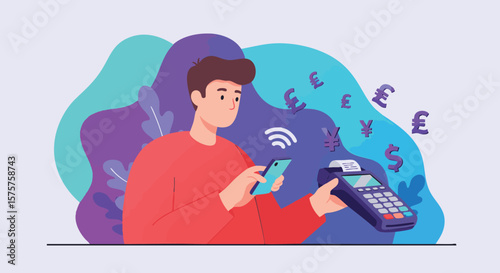 Man Using Smartphone for Contactless Payment with POS Terminal