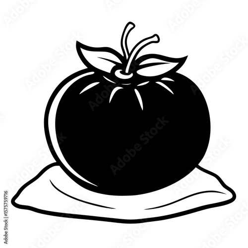 A single ripe tomato with a small stem leaf intact, placed on a burlap sack with soft shadows, natural window light, evoking a fresh-picked market feel.