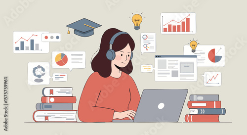 Woman Studying Online with Headphones and Educational Graph