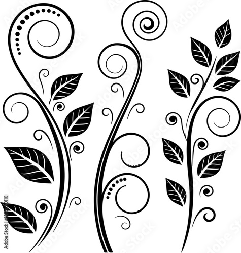 mage features a set of three intricate black and white floral designs, each with a unique style and layout. The designs are composed of swirling, curvilinear patterns that resemble stylized plants or 