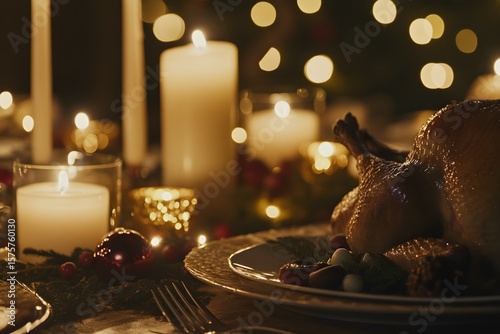 Festive Candlelit Dinner with Roasted Turkey and Holiday Decorations