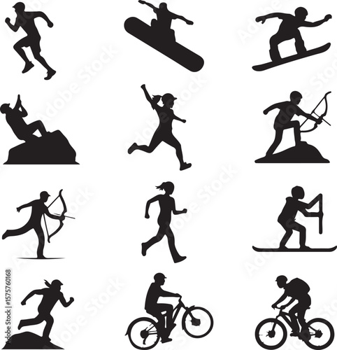 Diverse athletic silhouettes in motion running snowboarding