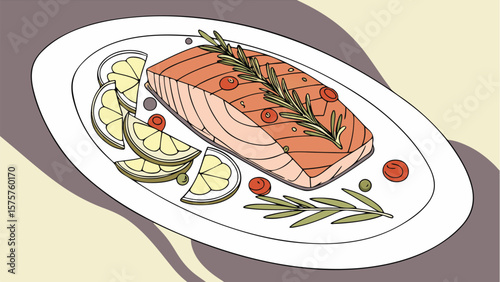 Grilled salmon steak with fresh vegetables and lemon on a plate for a healthy dinner