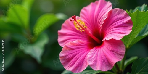 A Vivid Pink Hibiscus Flower Blossoms Amidst Lush Green Foliage, Displaying Delicate Petals and a Prominent Stamen