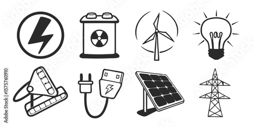 Comprehensive Electricity and Energy Icon Set Featuring Various Energy Sources Power Grids and Electrical Components in a Modern and Minimalist Style on transparent background comprehensive