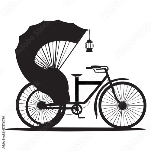 Silhouette of a bicycle rickshaw with a large umbrella and hanging lantern on a white background