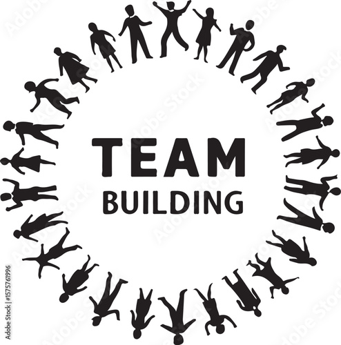 Diverse people in circle formation with team building text teamwork unity