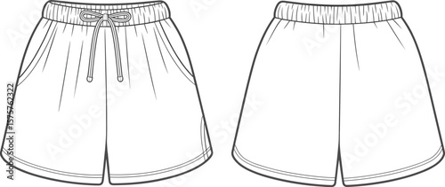 Casual drawstring shorts front and back view, cad drawing flat vector illustration, fashion sketch template, garment layout, technical design