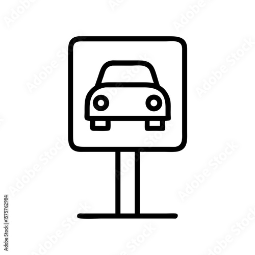 Minimalist outline icon of a street parking sign with a car. Suitable for navigation apps, urban planning tools, or car rental platforms. Symbolizes regulated parking zones and vehicle access.