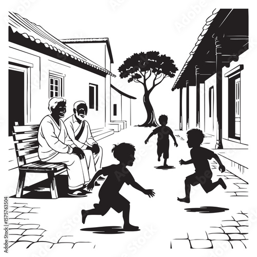 Elderly couple watches children playing and running in a village street with traditional houses