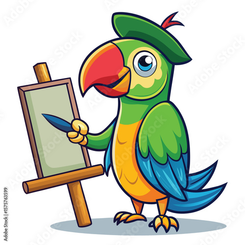 Cartoon parrot artist with easel and paintbrush