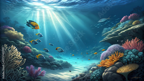 Fototapeta Naklejka Na Ścianę i Meble -  Underwater coral reef ecosystem with colorful fish and sun rays ocean life marine biology scenery view