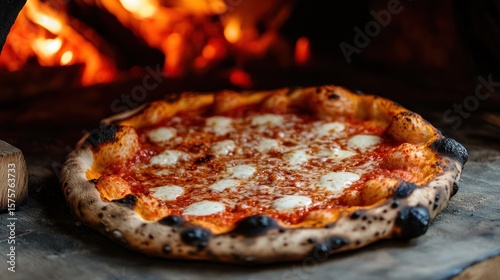 Freshly baked pizza in wood-fired oven