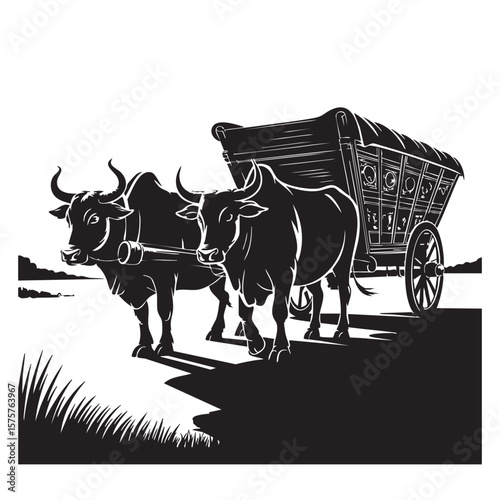 Two powerful oxen pulling a traditional wooden cart across a landscape in a striking black and white illustration