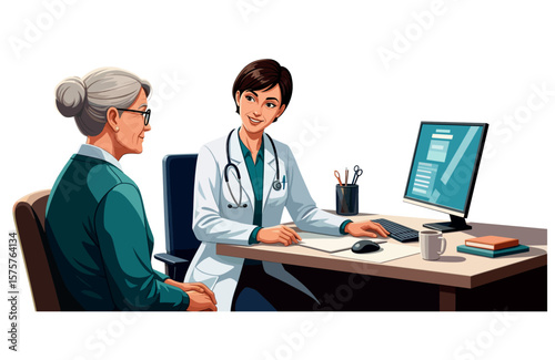 Illustration of a female doctor talking with an elderly patient during a consultation. Representing geriatric health. Medical Consultation with an Elderly Woman and a Female Doctor in a Modern Clinic.