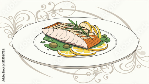 Grilled salmon steak with fresh vegetables and lemon on a white plate, a healthy seafood dinner