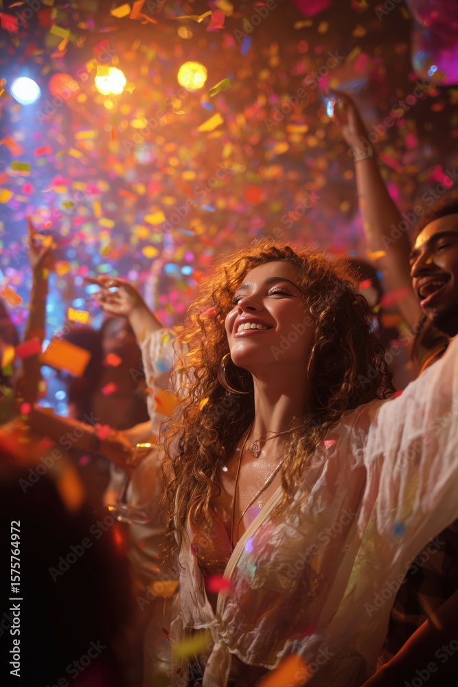 Obraz premium A beautiful woman with curly hair is having fun at the club, partying and dancing.