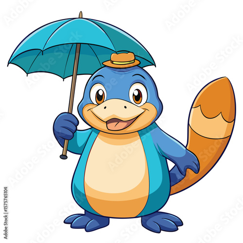 Cartoon blue creature with an umbrella and hat