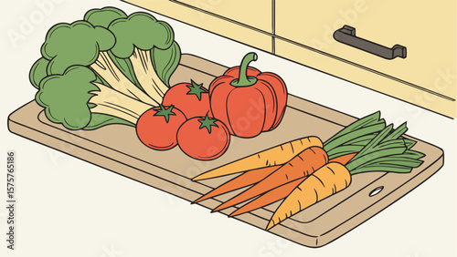 Fresh, organic vegetables like vibrant tomatoes, green lettuce, and crisp carrots are artfully arranged on both a pristine white background and rustic wooden boards