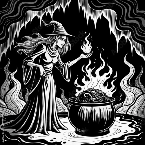 Mysterious witch conjures fire over bubbling cauldron in dark cave