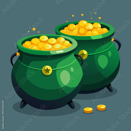 Two green cauldrons overflowing with shiny gold coins and scattered coins