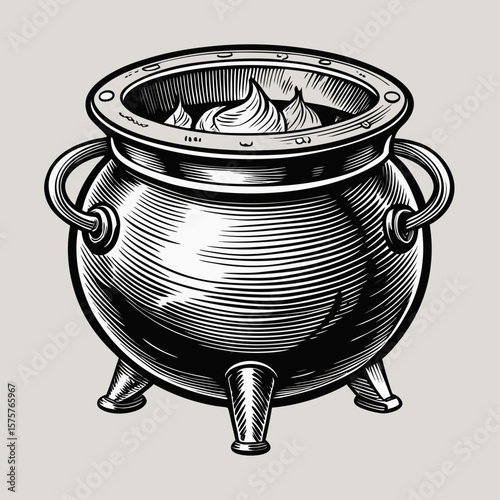 Vintage black and white engraving style cauldron filled with mysterious substance