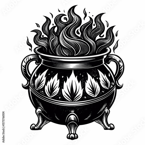 Black and white illustration of a vintage cauldron with flames and decorative leaf motifs
