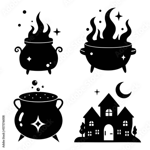 Collection of halloween themed black silhouettes featuring cauldrons and a haunted house