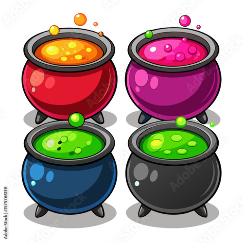 Four colorful cartoon cauldrons filled with bubbling potions and magical liquids