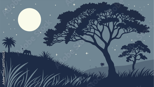 Moonlit night landscape with silhouetted trees and stars