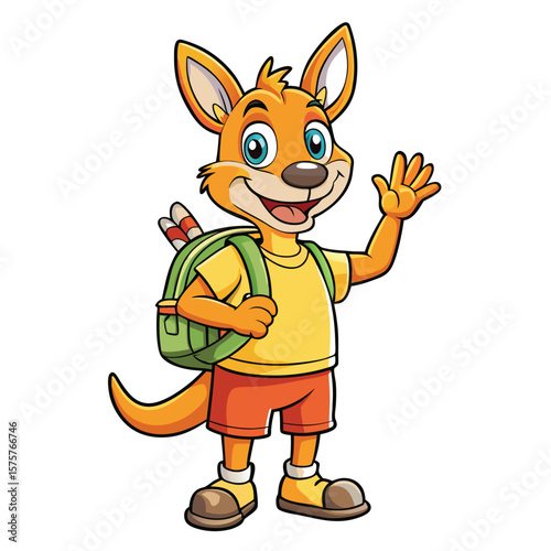 Cartoon kangaroo mascot with backpack, waving hello