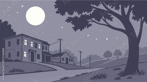 Dark blue winter city landscape with houses and trees under a moonlit, starry sky, perfect for a Christmas holiday illustration