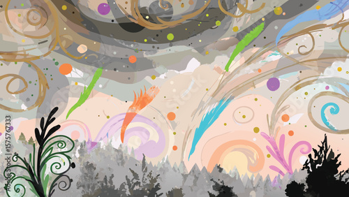 Abstract landscape with swirling elements and colorful orbs above a silhouetted forest line