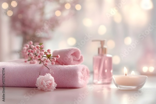 Peaceful spa setting with soft pink tones and natural oils and treatment 