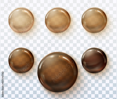 Set of realistic motor oil drops in brown tones on transparent background