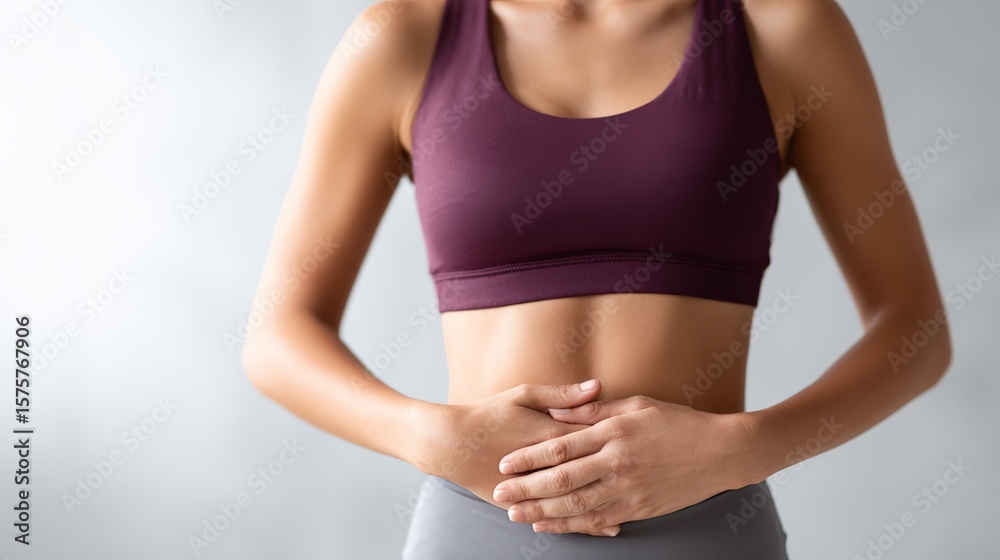Fototapeta premium Close up of a fit woman holding her belly after drinking a healthy detox smoothie, promoting wellness and a healthy lifestyle through natural remedies