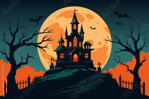 Spooky Halloween night with a haunted castle, full moon, flying bats, and scary trees on a hill, perfect for an October celebration design