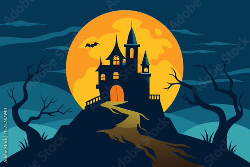 Spooky haunted house and castle silhouettes on a hill with bats on a dark Halloween night