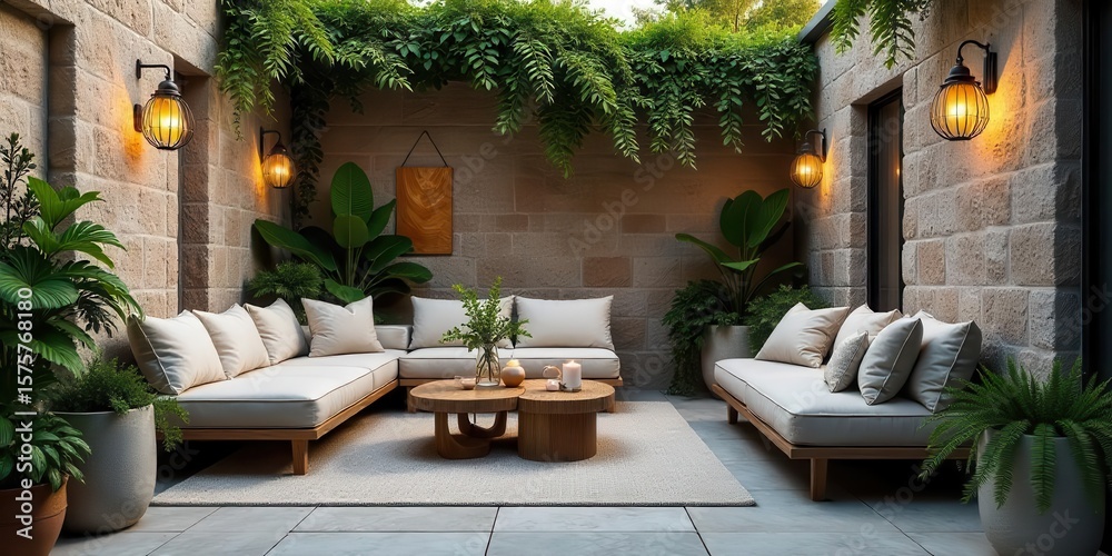 Fototapeta premium Serene Courtyard Oasis Luxury Outdoor Seating Area with Ambient Lighting and Lush Greenery