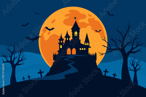 Spooky Halloween night with a haunted castle, silhouetted trees, and bats under a full moon, perfect for an October celebration background