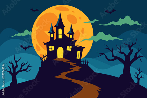 Spooky Halloween night with a haunted castle, silhouetted trees, and bats under a full moon