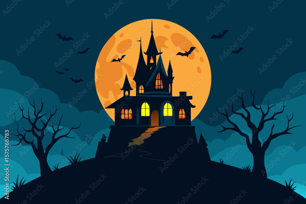 Spooky Halloween night with a haunted house, castle, and bats silhouetted against an autumn moonlit sky Spooky Halloween night with a haunted house, castle, and bats silhouetted against an autumn moonlit sky