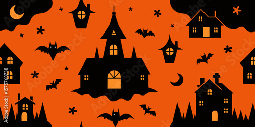 Spooky Halloween night with haunted house, ancient castle, and pumpkin silhouettes under a full moon, perfect for a scary autumn holiday celebration vector illustration
